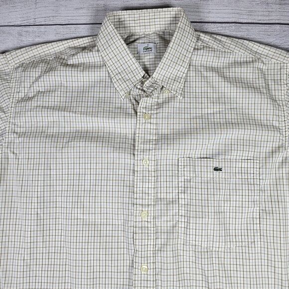 Lacoste VINTAGE Shirt Men 41 US L Brown Plaid Button Down Pocket Short Sleeve - Picture 1 of 9